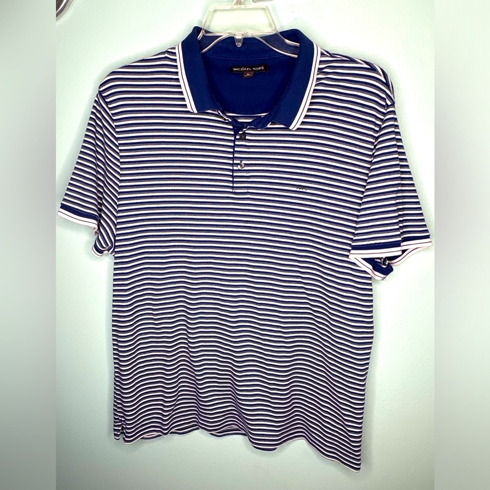 ⚓ Michael Kors Navy & White Striped Polo Shirt – Size XL ⚓